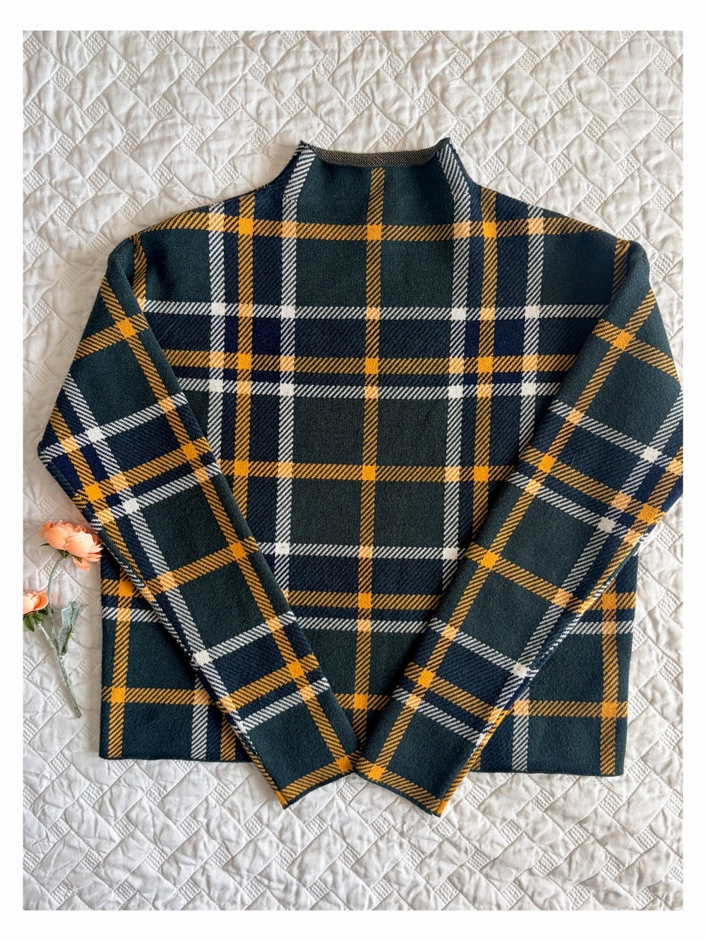 Tahari Plaid Mock Neck Sweater Green Mustard Navy Size M